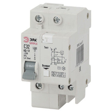 Автоматический выключатель дифференциального тока двухполюсный ЭРА АД-12 S SIMPLE 1P+N 32 A (C) 30 мА (Ac), 4,5кА, электронный, ток утечки 30 мА, переменный, сила тока 32 A