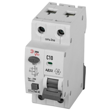 Автоматический выключатель дифференциального тока двухполюсный ЭРА АД-32 1P+N 10 A (C) 10 мА (AC), 4,5кА, электронный, ток утечки 10 мА, переменный, сила тока 10 A, защита 230В