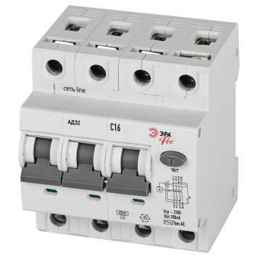 Автоматический выключатель дифференциального тока четырехполюсный ЭРА АД-32 3P+N 16 A (C) 100 мА (AC), 4,5кА, электронный, ток утечки 100 мА, переменный, сила тока 16 A