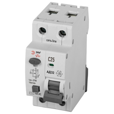 Автоматический выключатель дифференциального тока двухполюсный ЭРА АД-32 1P+N 25 A (C) 10 мА (AC), 4,5кА, электронный, ток утечки 10 мА, переменный, сила тока 25 A, защита 230В