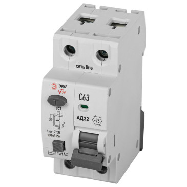 Автоматический выключатель дифференциального тока двухполюсный ЭРА АД-32 1P+N 63 A (C) 100 мА (AC), 4,5кА, электронный, ток утечки 100 мА, переменный, сила тока 63 A, защита 230В
