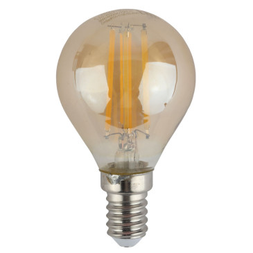 Лампа светодиодная ЭРА F-LED P45 E14 Шар 45 мм мощность - 9 Вт, цоколь - E14, световой поток - 770 лм, цветовая температура - 2700К, тип лампы - светодиодная LED, тип стекла - золотое, цвет свечения - теплый белый, форма - шарообразная