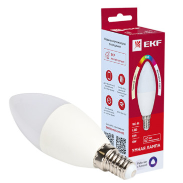 Лампа умная светодиодная EKF Connect E14 RGBW 40 мм, мощность - 5 Вт, цоколь - E14, световой поток - 400 лм, цветовая температура - 3000...6500 К, тип лампы - светодиодная LED, цвет свечения - теплый, холодный белый, RGBW, форма - свеча