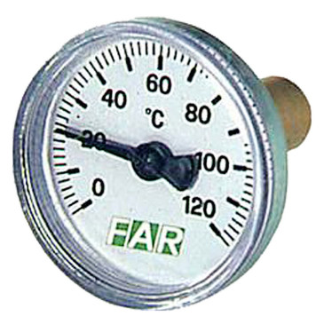 Термометр осевой FAR Fa 2650 (0-120°C) биметаллический 40 мм, тип - Fa 2650, осевое соединение, шкала (0-120°С), погружной шток L=36мм, с монтажной гильзой