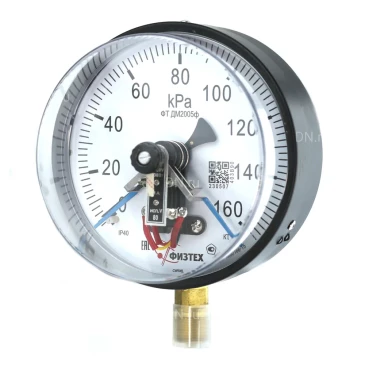Манометр ФИЗТЕХ ДМ2005ф 0-160 кПа d.160 класс точности 1.5, резьбовое соединение М20х1.5, степень защиты корпуса IP40, электроконтактный, с сигнализирующим устройством тип V, радиальное присоединение