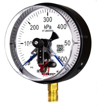 Манометр ФИЗТЕХ ДМ2005ф 0-600 кПа d.160 класс точности 1.5, резьбовое соединение М20х1.5, степень защиты корпуса IP40, электроконтактный, с сигнализирующим устройством тип V, радиальное присоединение