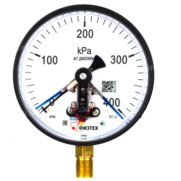 Манометр ФИЗТЕХ ДМ2005ф 0-400 кПа d.160 класс точности 1.5, резьбовое соединение М20х1.5, степень защиты корпуса IP40, электроконтактный, с сигнализирующим устройством тип V, радиальное присоединение