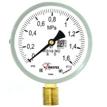 Манометр ФИЗТЕХ МП3-Уф (0-1.6 МПа) IP40, общетехнический 100мм, исполнение ЭКО, радиальное присоединение, резьба G1/2, класс точности 1.5
