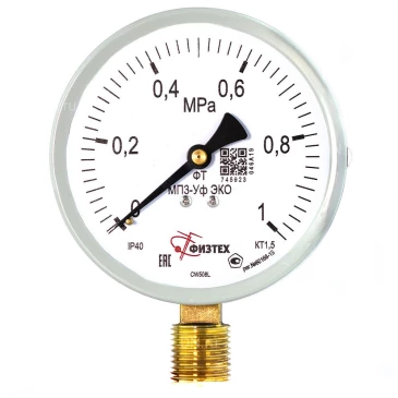 Манометр ФИЗТЕХ МП3-Уф (0-1 МПа) IP40, общетехнический 100мм, исполнение ЭКО, радиальное присоединение, резьба G1/2, класс точности 1.5