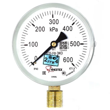 Манометр ФИЗТЕХ МП3-Уф (0-600 кПа) IP40, общетехнический 100мм, исполнение ЭКО, радиальное присоединение, резьба М20х1.5, класс точности 1.5