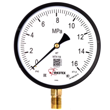 Манометр ФИЗТЕХ МП4-Уф 0-16 МПа IP40, общетехнический 160 мм, резьба М20х1.5, класс точности - 1.5, радиальный штуцер