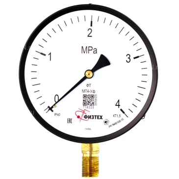 Манометр ФИЗТЕХ МП4-Уф 0-4 МПа IP40, общетехнический 160 мм, резьба М20х1.5, класс точности - 1.5, радиальный штуцер