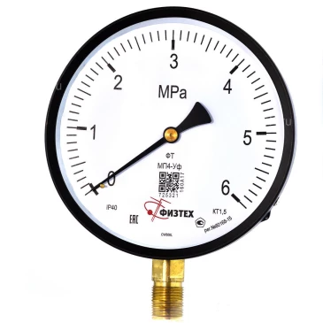Манометр ФИЗТЕХ МП4-Уф 0-6 МПа IP40, общетехнический 160 мм, резьба М20х1.5, класс точности - 1.5, радиальный штуцер