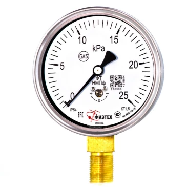 Манометр низкого давления ФИЗТЕХ НМПф 0-25 кПа IP54, 100 мм, резьба М20х1.5, класс точности - 1.5, радиальный штуцер