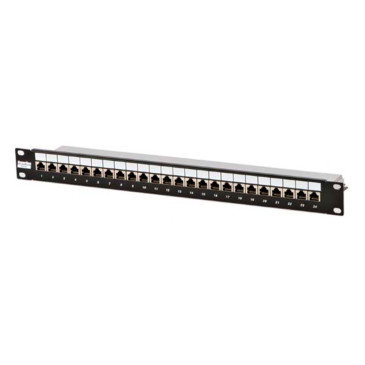 Патч-панель Hyperline PP 19″ полностью экранированная, 24 порта RJ-45, Dual IDC, категория - 5e, высота - 1U, корпус - сталь, цвет - черный