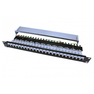 Патч-панель Hyperline PP3 19″ полностью экранированная, 24 порта RJ-45, Dual IDC, ROHS, категория - 5e, высота - 1U, корпус - сталь, цвет - черный