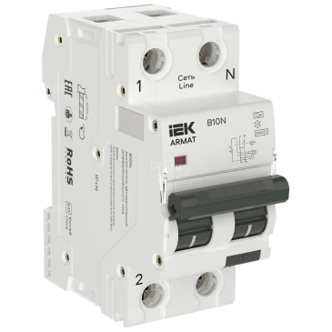 Автоматический выключатель дифференциального тока двухполюсный IEK ARMAT B10N C16 A30 1P+N, сила тока 16А, ток утечки 30мА переменный, тип расцепления C, отключающая способность 10кА AR-B10N-1N-C016A030