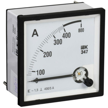 Амперметр IEK Э47 400/5А, класс точности 1.5, диапазон измерений - 0-400 А, размер - 72х72 мм