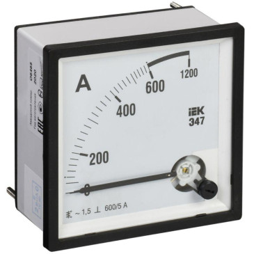 Амперметр IEK Э47 600/5А, класс точности 1.5, диапазон измерений - 0-600 А, размер - 72х72 мм