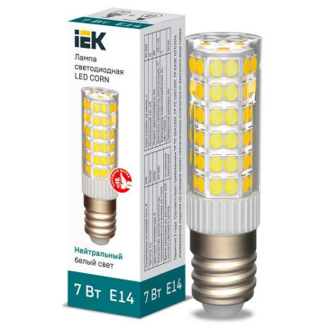 Лампа светодиодная IEK Corn прозрачная, мощность - 7 Вт, цоколь - E14, световой поток - 665 лм, цветовая температура - 4000 K, форма - капсульная
