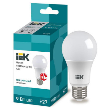 Лампа светодиодная IEK Eco A60 матовая, мощность - 9 Вт, цоколь - E27, световой поток - 810 лм, цветовая температура - 4000 K, форма - грушевидная