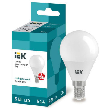 Лампа светодиодная IEK Eco G45 матовая, мощность - 5 Вт, цоколь - E14, световой поток - 450 лм, цветовая температура - 4000 K, форма - грушевидная