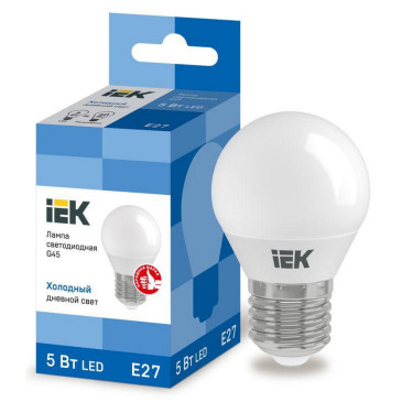 Лампа светодиодная IEK Eco G45 матовая, мощность - 5 Вт, цоколь - E27, световой поток - 450 лм, цветовая температура - 6500 K, форма - грушевидная