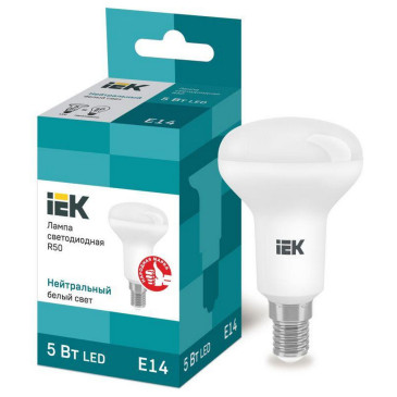 Лампа светодиодная IEK Eco R50 матовая, мощность - 5 Вт, цоколь - E14, световой поток - 450 лм, цветовая температура - 4000 K, форма - рефлектор