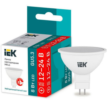 Лампа светодиодная IEK MR16 матовая, мощность - 8 Вт, цоколь - GU5.3, световой поток - 760 лм, цветовая температура - 4000 K, форма - рефлектор