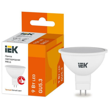 Лампа светодиодная IEK MR16 матовая, мощность - 9 Вт, цоколь - GU5.3, световой поток - 810 лм, цветовая температура - 3000 K, форма - рефлектор
