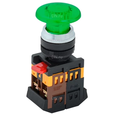 Кнопка GENERICA AELA-22 грибовидная, диаметр отверстия - 22мм, неон 240В, НО+НЗ, цвет - зеленый BBG20-AELA-K06