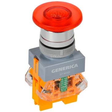 Кнопка управления GENERICA D7-MDZS грибовидная, диаметр отверстия - 22мм, 1НЗ+1НО, с подсветкой и фиксацией, цвет - красный BBG50-11MDZS-3-11-K04-G