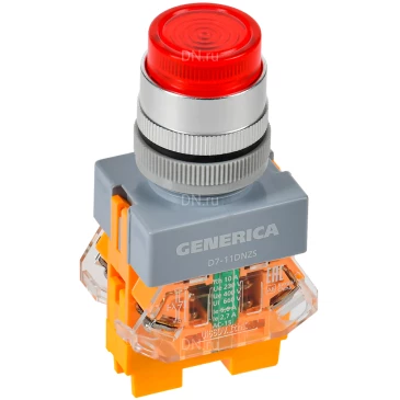 Кнопка управления GENERICA D7-11DNZS высокая, диаметр отверстия - 22мм, 1НЗ+1НО, с подсветкой и фиксацией, цвет - красный BBT50-11DNZS-3-11-K04-G