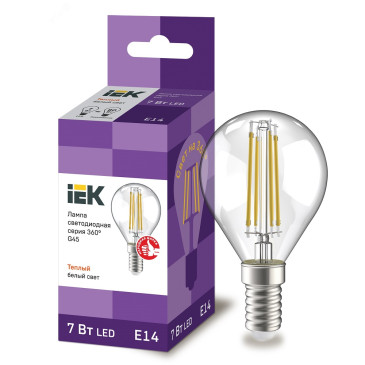 Лампа светодиодная IEK LLF-G45 7 Вт, 230 В, цоколь - E14, световой поток - 840 Лм, цветовая температура - 3000 К, цвет свечения - теплый белый, форма - шарообразная
