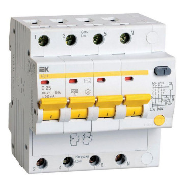 Автоматический выключатель дифференциального тока четырехполюсный IEK АД-14 C25 АС300, ток утечки 300 мА, переменный, сила тока 25 А