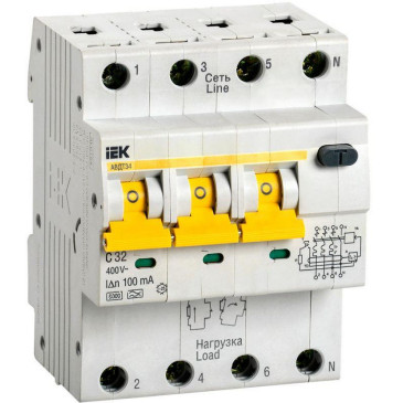 Автоматический выключатель дифференциального тока четырехполюсный IEK АВДТ-34 C32 A100, ток утечки 100 мА, переменный, сила тока 32 А