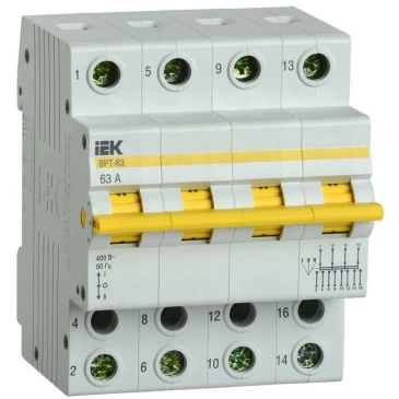 Выключатель-разъединитель IEK ВРТ-63 4P 63 А трехпозиционный, четырехполюсный, напряжение 400 В Выключатель-разъединитель IEK ВРТ-63 4P 63 А трехпозиционный, четырехполюсный, напряжение 400 В