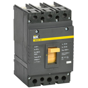Автоматический выключатель трехполюсный IEK ВА 88-35 80А 35кА, сила тока 80 A, отключающая способность 35 кА
