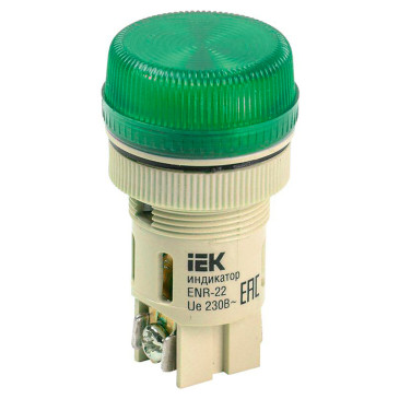 Лампа сигнальная IEK ENR-22 диаметр отверстия – 22 мм, неон 230В, IP40, цвет – зеленый