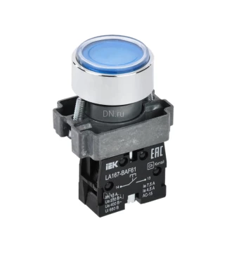 Кнопка управления IEK LA167-BAF61 1NO Ду22, тип кнопки - плоская, синяя, напряжение - 660В, степень защиты IP65
