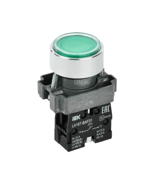 Кнопка управления IEK LA167-BAF35 1NO+1NC Ду22, тип кнопки - плоская, зеленая, напряжение - 660В, степень защиты IP65