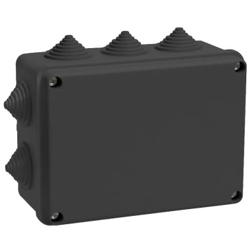 Коробка распаячная IEK для открытой проводки 150x110x70 мм, IP55, корпус - полистирол, 10 гермовводов, с откидной крышкой, цвет - черный