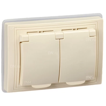 Розетка IEK Кварта 2-местная для скрытой установки 16А IP44 с заземлением, с крышкой и шторками, кремовая New KV-R26-16-44-K33