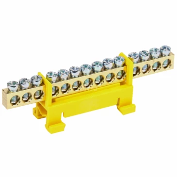 Шина IEK PE земля ШНИ-6х9-14-С-Ж исполнение изолятора - DIN-изолятор типа Стойка, количество соединений - 14, материал - латунь, цвет - желтый, YNN10-69-14P-K05