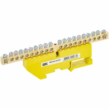 Шина IEK PE земля ШНИ-6х9-20-Д-Ж исполнение изолятора - с DIN-изолятором, количество соединений - 20, материал - латунь, цвет - желтый, YNN10-69-20D-K05