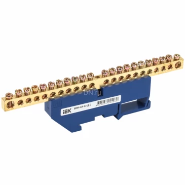 Шина IEK N ноль ШНИ-6х9-22-Д-С исполнение изолятора - с DIN-изолятором, количество соединений - 22, материал - латунь, цвет - синий, YNN10-69-22D-K07