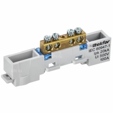 Шина IEK TEKFOR N ноль 6х9-4-С, исполнение - неизолированная на универсальном держателе, количество соединений - 4, материал - латунь, цвет - синий, TF-NN10-04-DL-K07