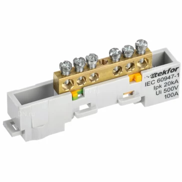 Шина IEK TEKFOR PE земля 6х9-6-Ж, исполнение - неизолированная на универсальном держателе, количество соединений - 6, материал - латунь, цвет - желтый, TF-NN10-06-DL-K05