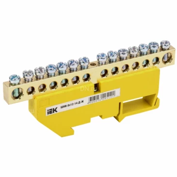 Шина IEK PE земля ШНИ-8х12-14-Д-Ж исполнение изолятора - с DIN-изолятором, количество соединений - 14, материал - латунь, цвет - желтый, YNN10-812-14D-K05