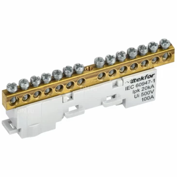 Шина IEK TEKFOR L фаза 6х9-14-Ср, исполнение - неизолированная на универсальном держателе, количество соединений - 14, материал - латунь, цвет - серый, TF-NN10-14-DL-K03